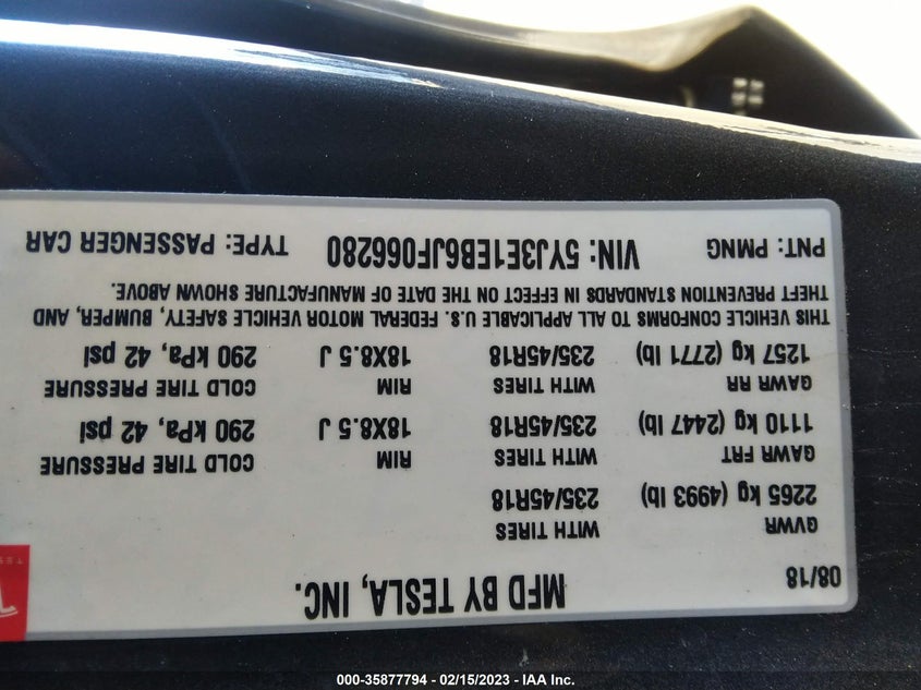 VIN 5YJ3E1EB6JF066280 2018 TESLA MODEL 3 LONG RANGE