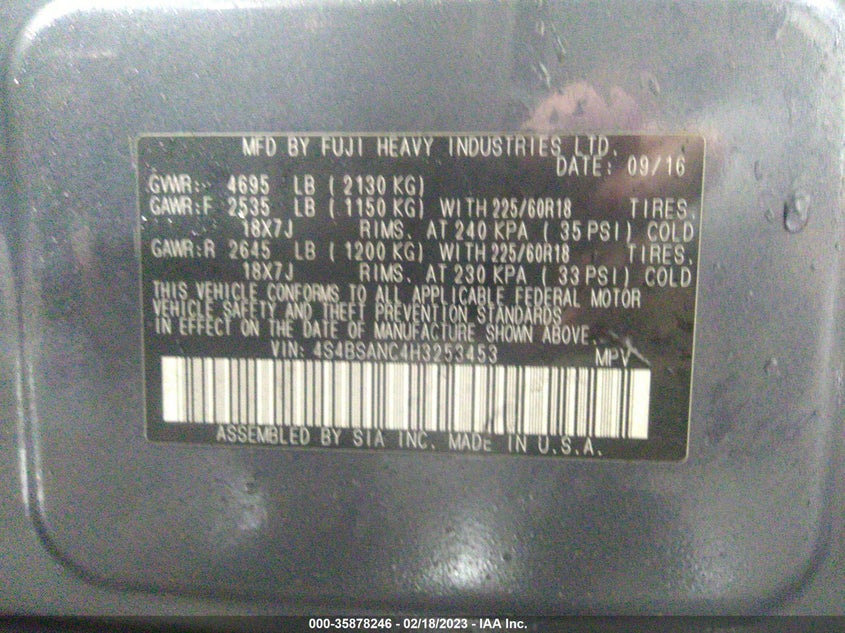 VIN 4S4BSANC4H3253453 2017 SUBARU OUTBACK LIMITED