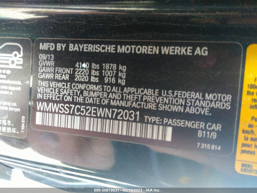 2014 MINI COOPER PACEMAN S WMWSS7C52EWN72031