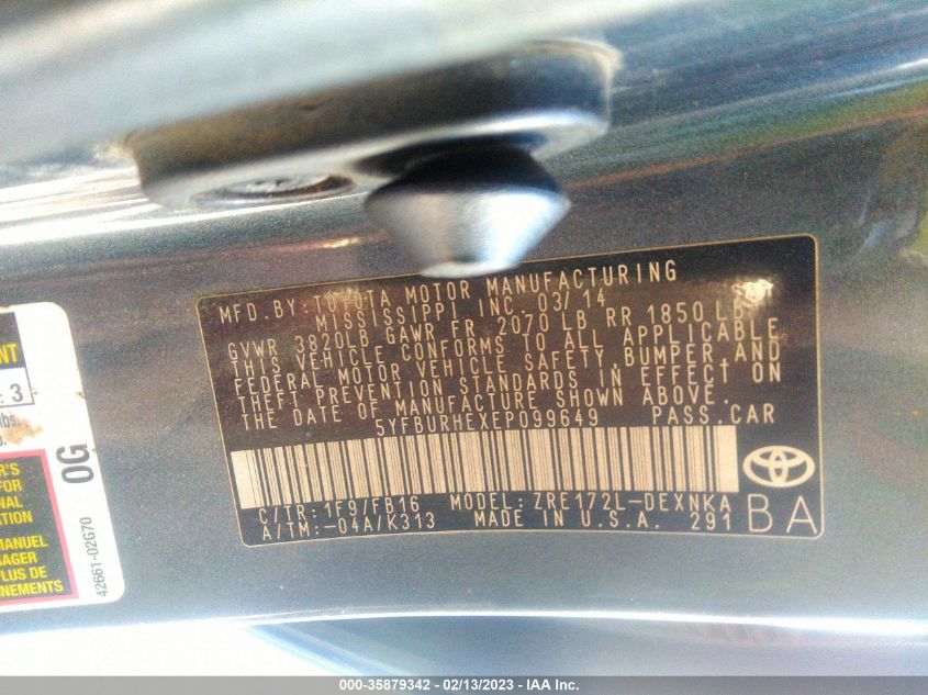 2014 TOYOTA COROLLA L/LE/S/S PLUS/LE PLUS - 5YFBURHEXEP099649