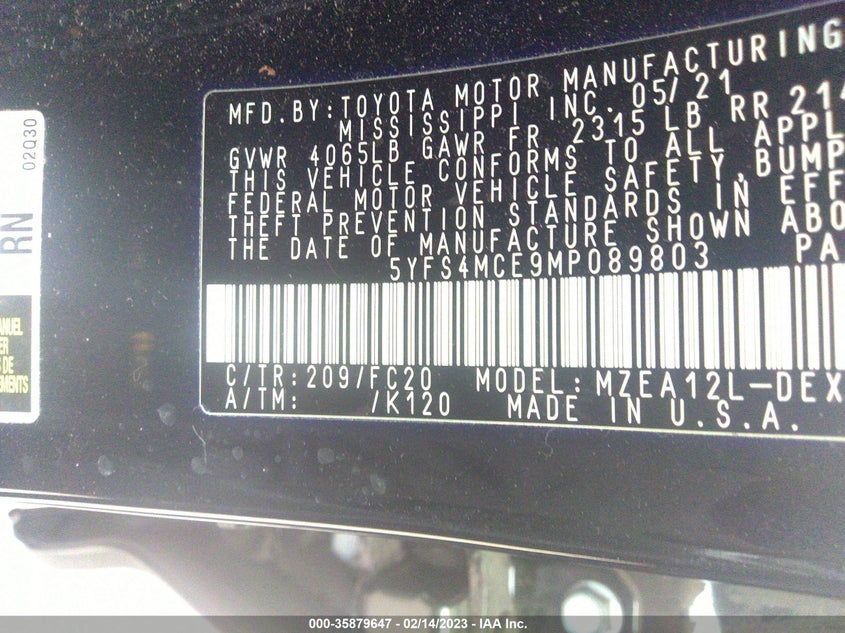 VIN 5YFS4MCE9MP089803 2021 TOYOTA COROLLA SE/NIGHTSHADE/APEX SE