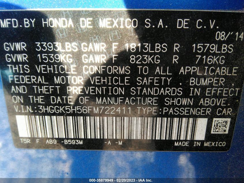 2015 HONDA FIT LX - 3HGGK5H56FM722411