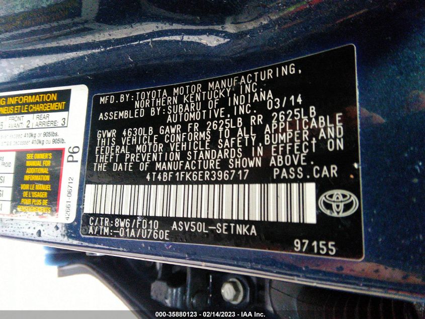 2014 TOYOTA CAMRY L/LE/XLE/SE/SE SPORT - 4T4BF1FK6ER396717