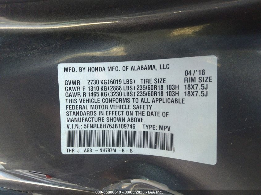 2018 HONDA ODYSSEY EX-L - 5FNRL6H76JB109746
