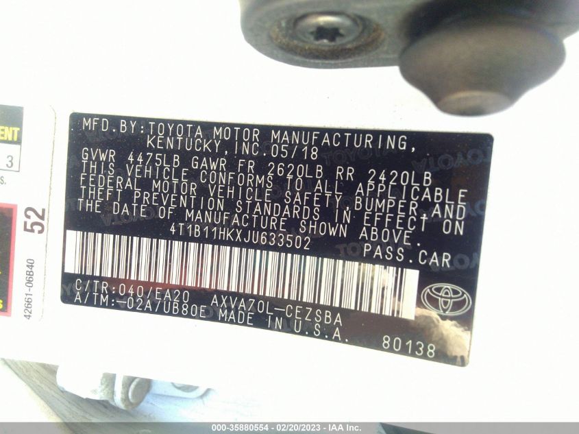 2018 TOYOTA CAMRY LE/SE/XLE/L - 4T1B11HKXJU633502