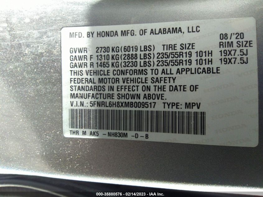 5FNRL6H8XMB009517 Honda Odyssey TOURING 9