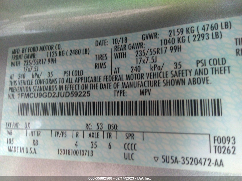 VIN 1FMCU9GD2JUD59225 2018 FORD ESCAPE SE