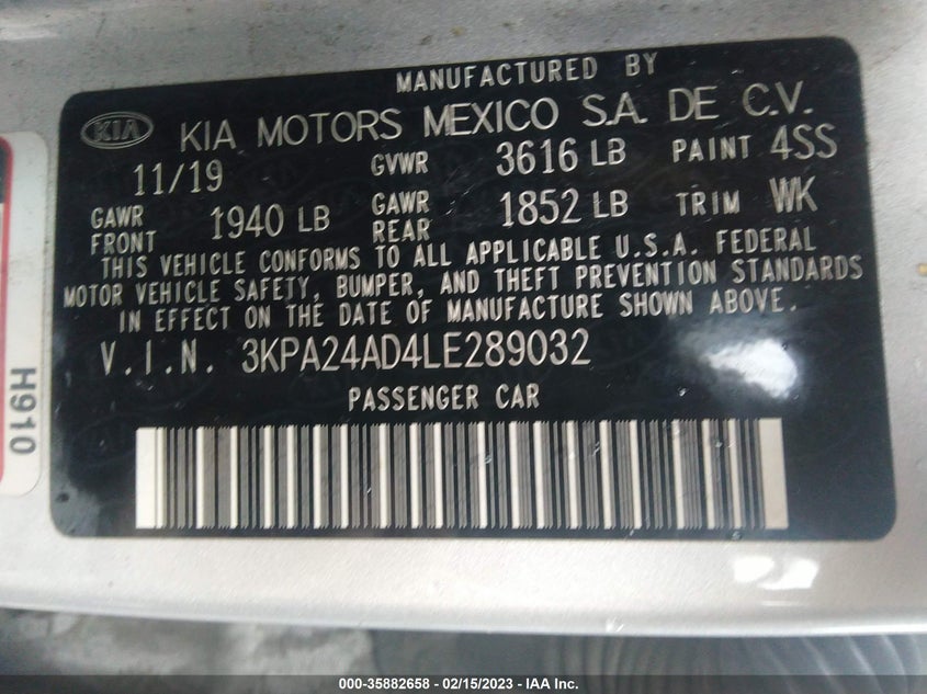VIN 3KPA24AD4LE289032 2020 KIA RIO S