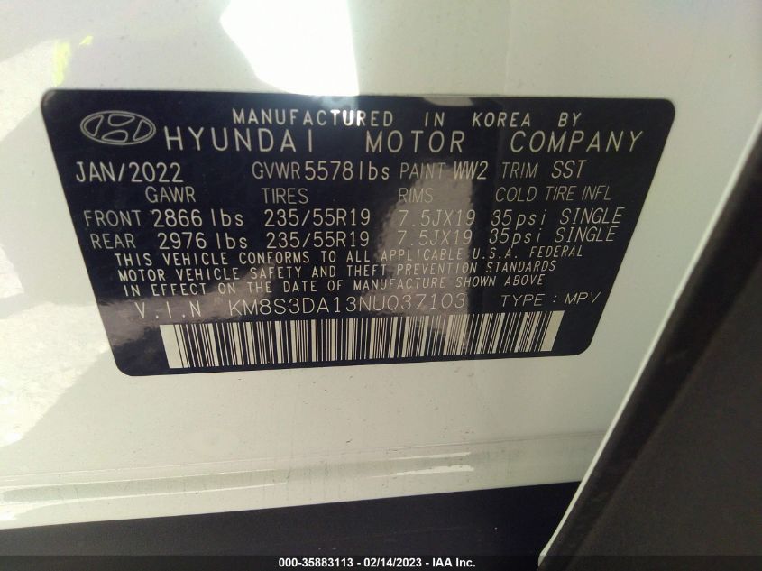 2022 HYUNDAI SANTA FE HYBRID SEL PREMIUM - KM8S3DA13NU037103