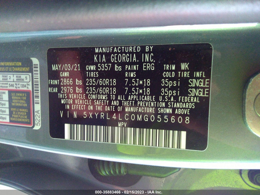 VIN 5XYRL4LC0MG055608 2021 KIA SORENTO S
