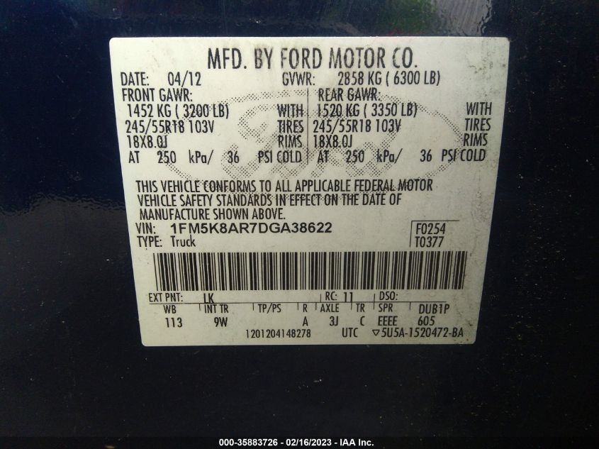 2013 FORD UTILITY POLICE 1FM5K8AR7DGA38622