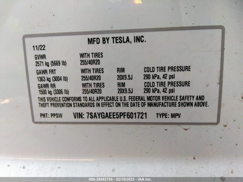 VIN 7SAYGAEE5PF601721 2023 TESLA MODEL Y LONG RANGE