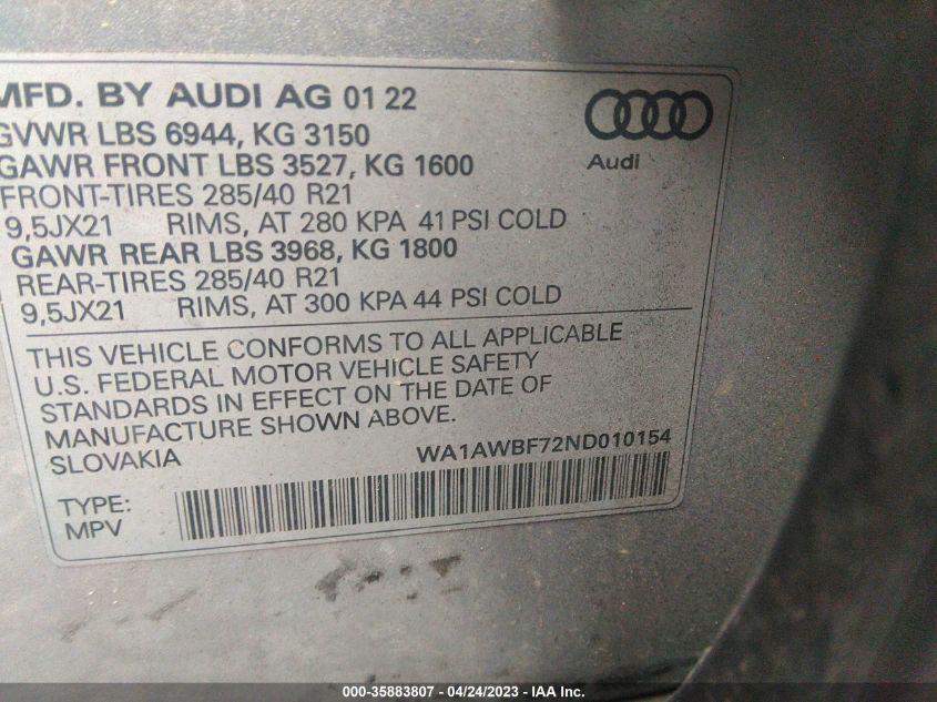 2022 AUDI SQ7 PREMIUM PLUS - WA1AWBF72ND010154