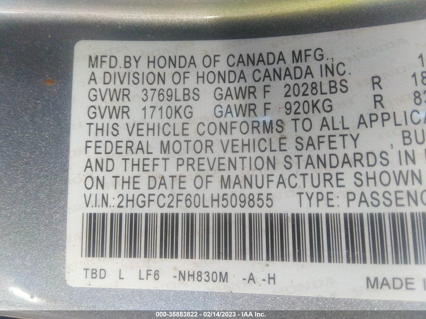 VIN 2HGFC2F60LH509855 2020 HONDA CIVIC SEDAN LX