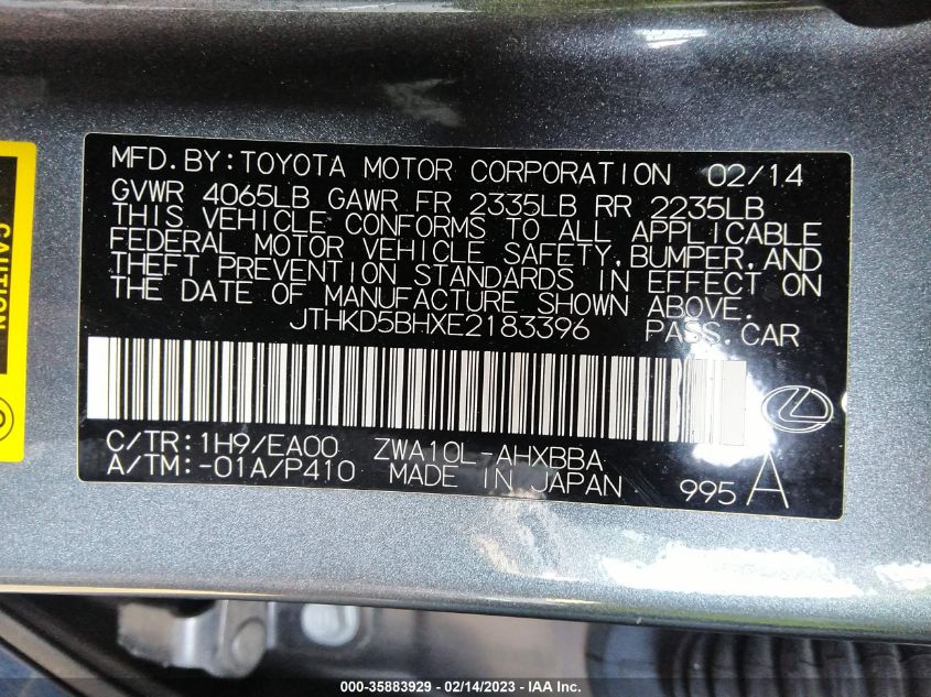 2014 LEXUS CT 200H HYBRID - JTHKD5BHXE2183396
