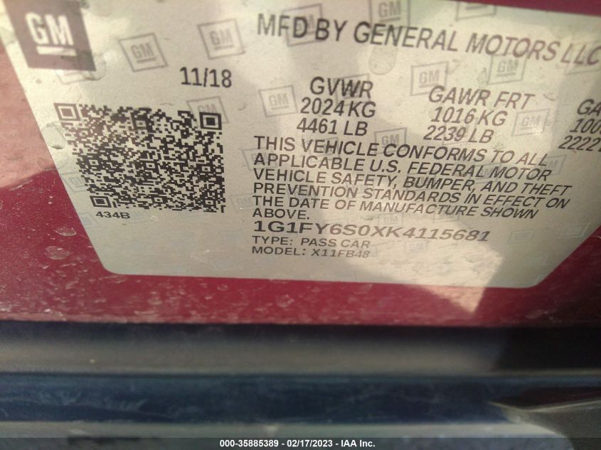 2019 CHEVROLET BOLT EV LT - 1G1FY6S0XK4115681