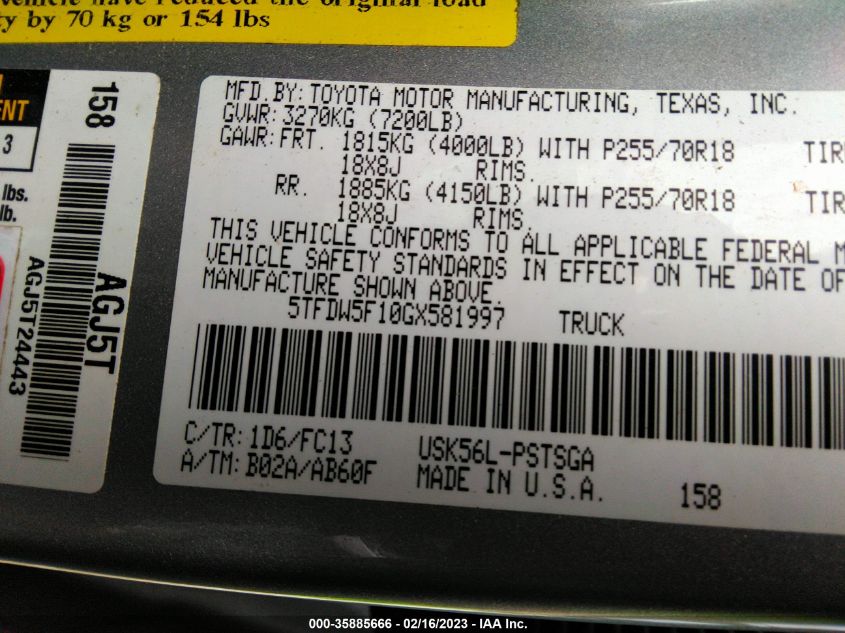 2016 TOYOTA TUNDRA 4WD TRUCK SR5/TRD PRO - 5TFDW5F10GX581997
