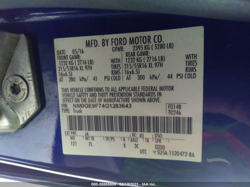 2016 FORD TRANSIT CONNECT WAGON XLT NM0GE9F74G1283643