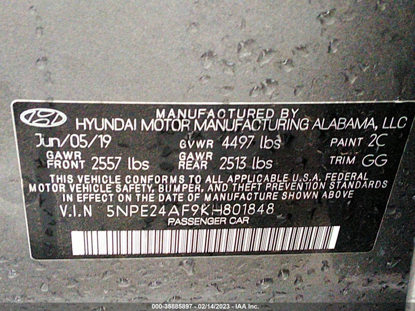 VIN 5NPE24AF9KH801848 2019 HYUNDAI SONATA SE