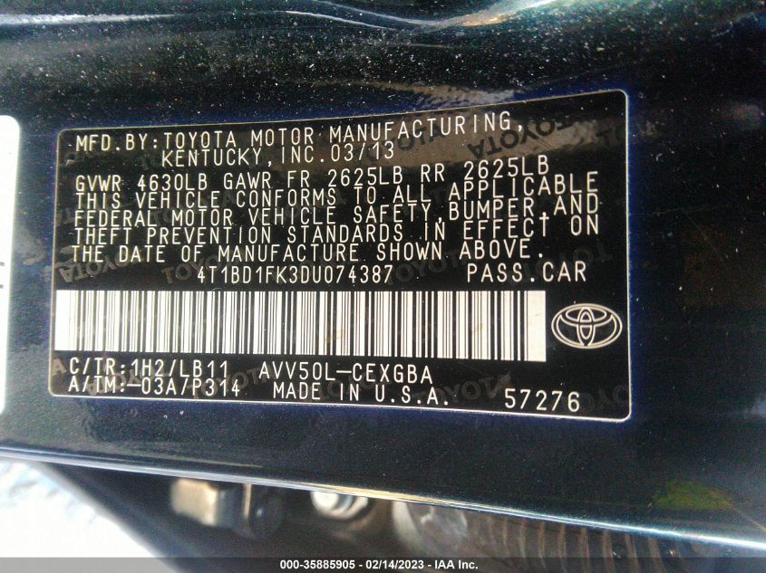 2013 TOYOTA CAMRY HYBRID LE/XLE 4T1BD1FK3DU074387