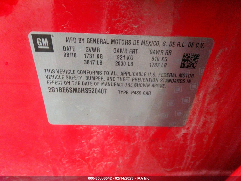 VIN 3G1BE6SM6HS520407 2017 CHEVROLET CRUZE LT