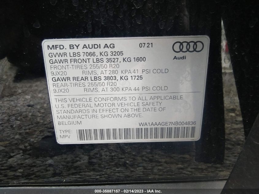 2022 AUDI E-TRON PREMIUM - WA1AAAGE7NB004836