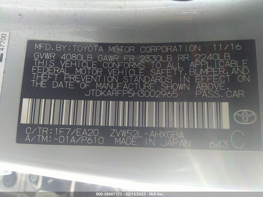 VIN JTDKARFP5H3002965 2017 TOYOTA PRIUS PRIME PLUS/PREMIUM/ADVANCED