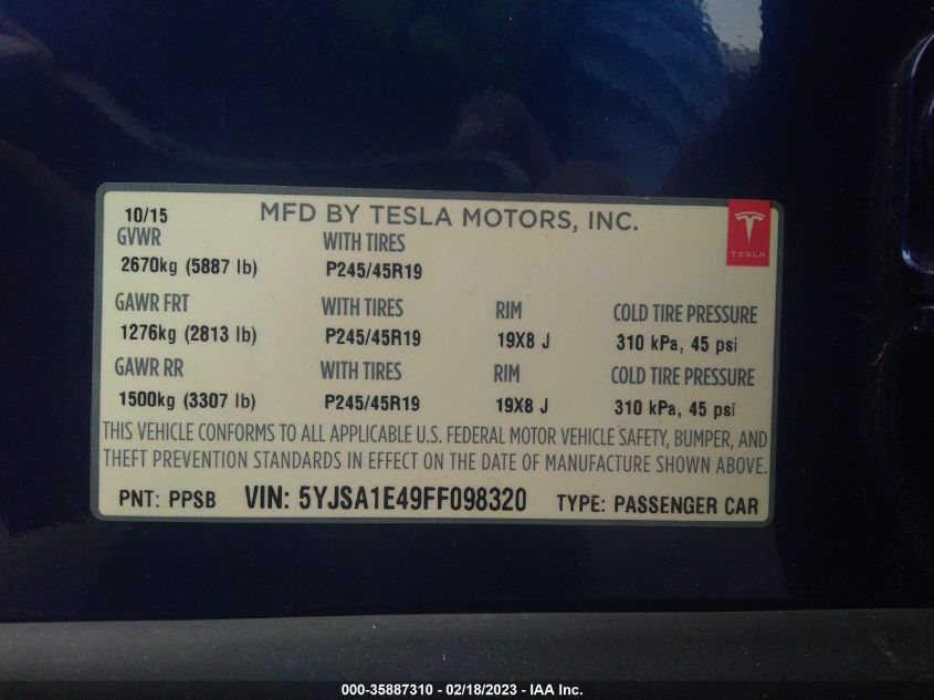 2015 TESLA MODEL S 85D/P85D/90D/P90D - 5YJSA1E49FF098320