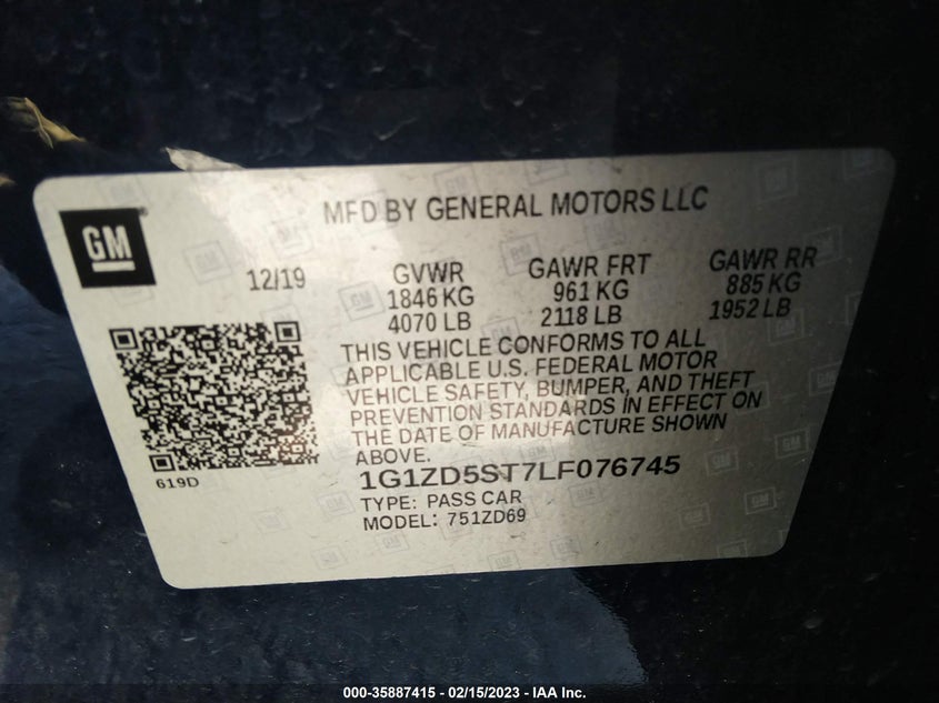 VIN 1G1ZD5ST7LF076745 2020 CHEVROLET MALIBU LT