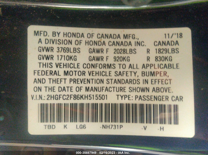 VIN 2HGFC2F86KH515501 2019 HONDA CIVIC SEDAN SPORT