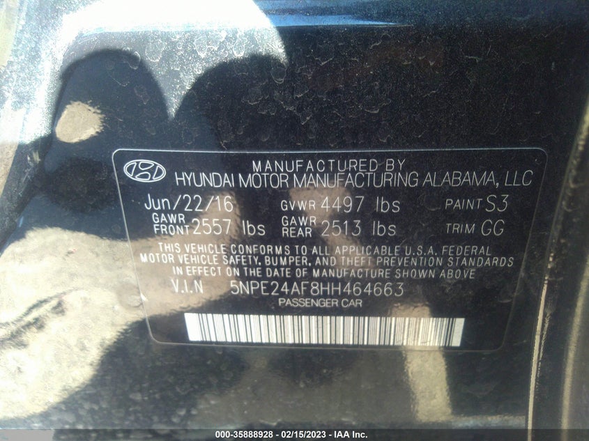 VIN 5NPE24AF8HH464663 2017 HYUNDAI SONATA 2.4L