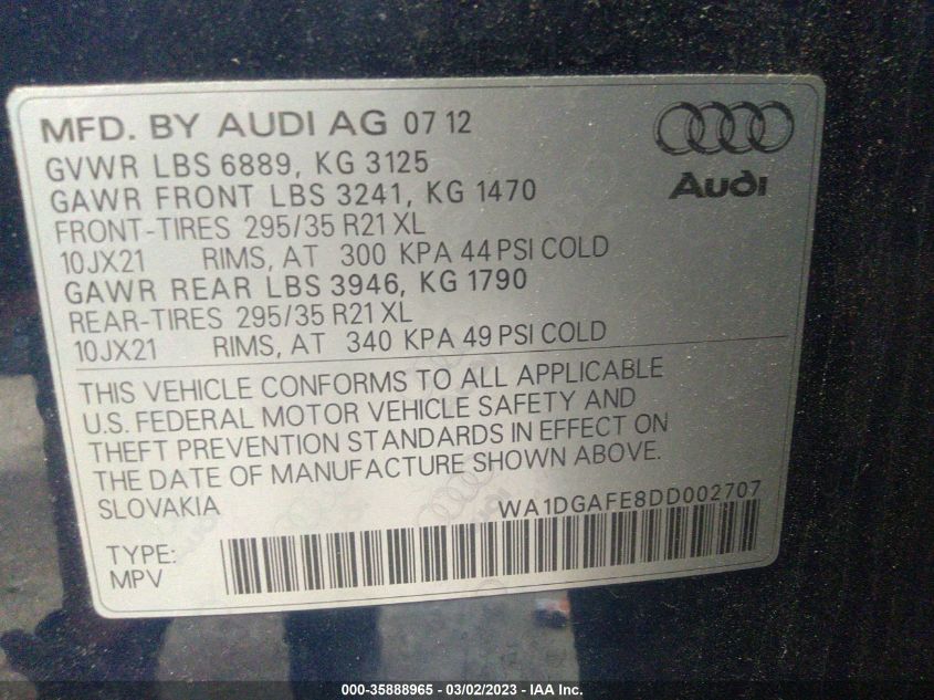 2013 AUDI Q7 3.0T S LINE PRESTIGE - WA1DGAFE8DD002707