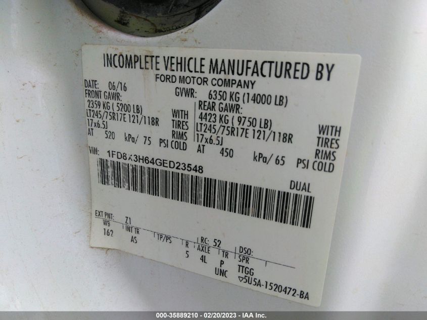 2016 FORD SUPER DUTY F-350 SRW 1FD8X3H64GED23548