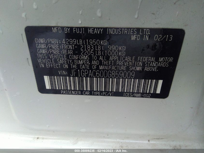 2013 SUBARU IMPREZA WAGON 2.0I PREMIUM - JF1GPAC60DG859009