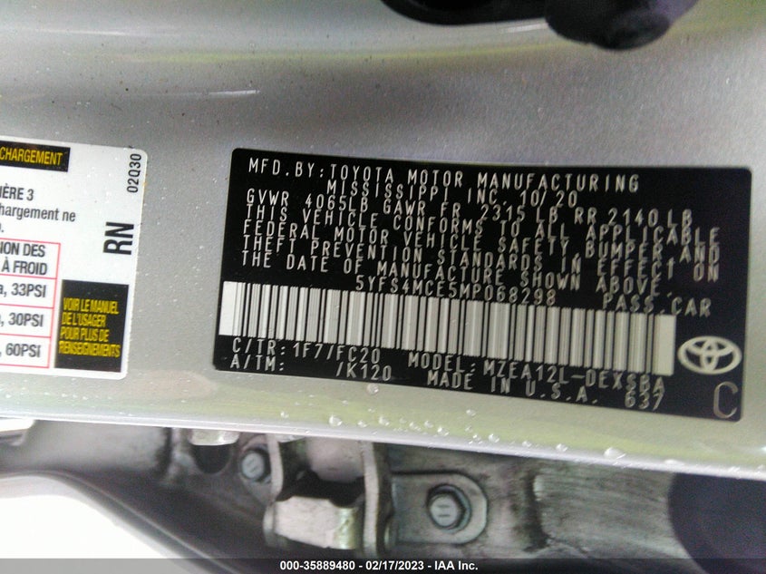 VIN 5YFS4MCE5MP068298 2021 TOYOTA COROLLA SE/NIGHTSHADE/APEX SE