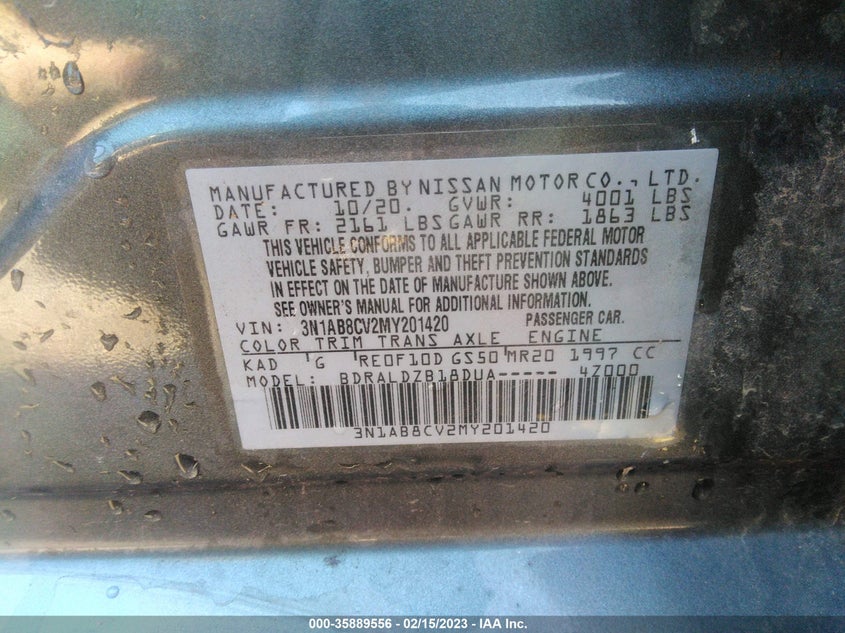 VIN 3N1AB8CV2MY201420 2021 NISSAN SENTRA SV
