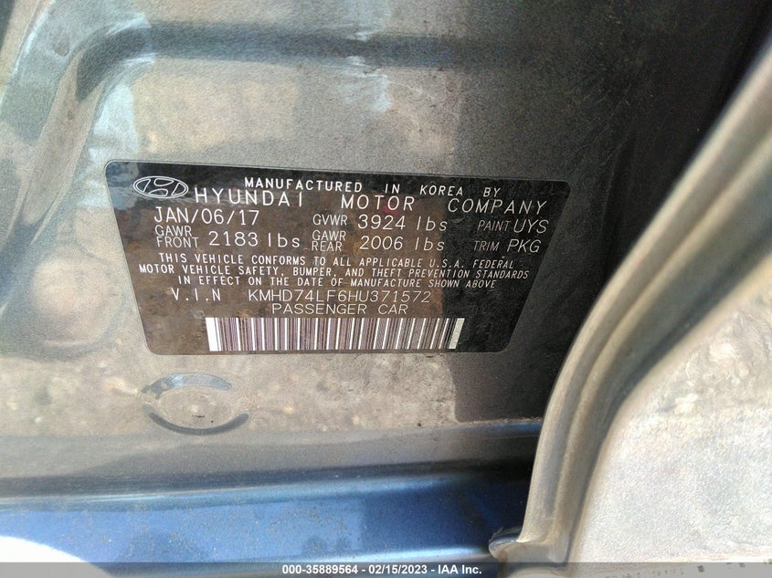 VIN KMHD74LF6HU371572 2017 HYUNDAI ELANTRA SE