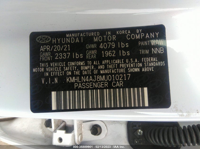 VIN KMHLN4AJ8MU010217 2021 HYUNDAI ELANTRA HYBRID LIMITED
