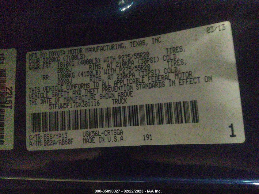 2013 TOYOTA TUNDRA 4WD TRUCK - 5TFUW5F17DX301116