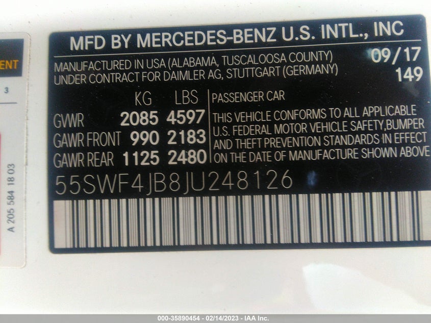 VIN 55SWF4JB8JU248126 2018 MERCEDES-BENZ C-CLASS C 300