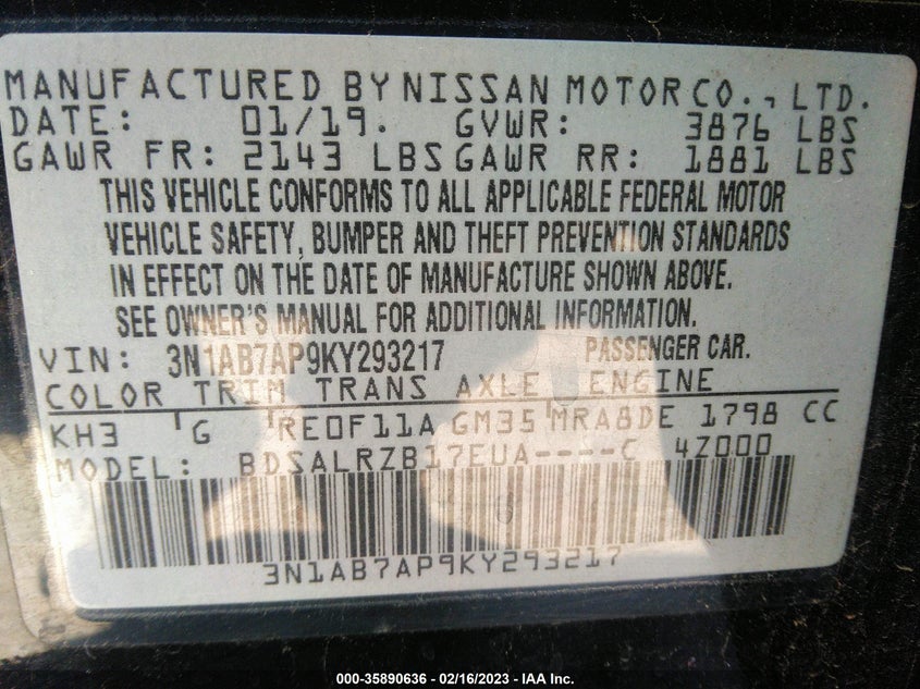 VIN 3N1AB7AP9KY293217 2019 NISSAN SENTRA SR