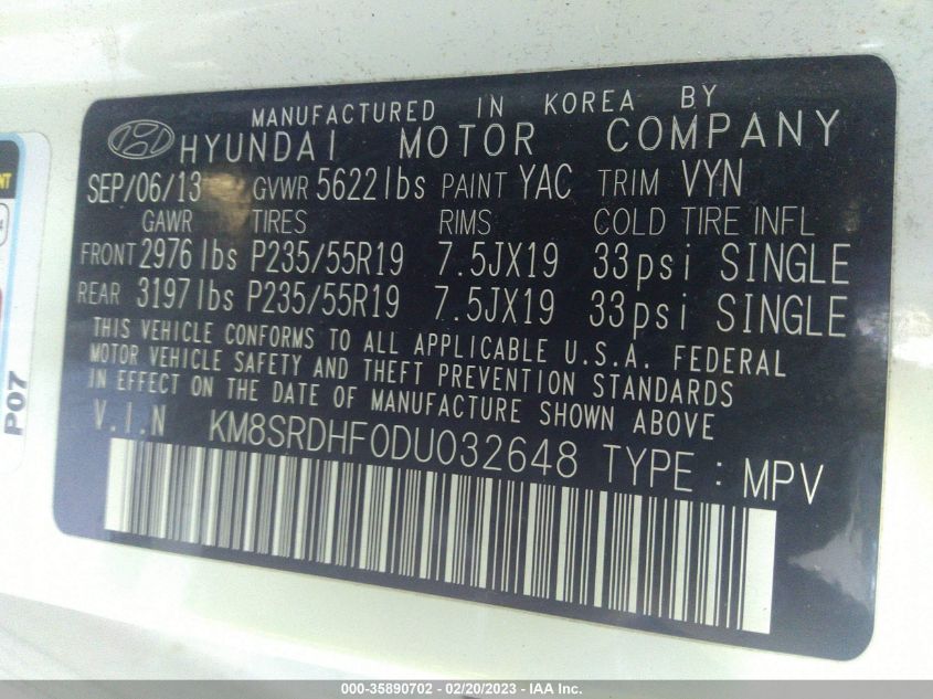 2013 HYUNDAI SANTA FE LIMITED - KM8SRDHF0DU032648