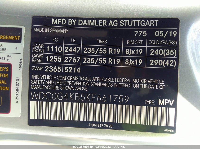 VIN WDC0G4KB5KF661759 2019 MERCEDES-BENZ GLC GLC 300