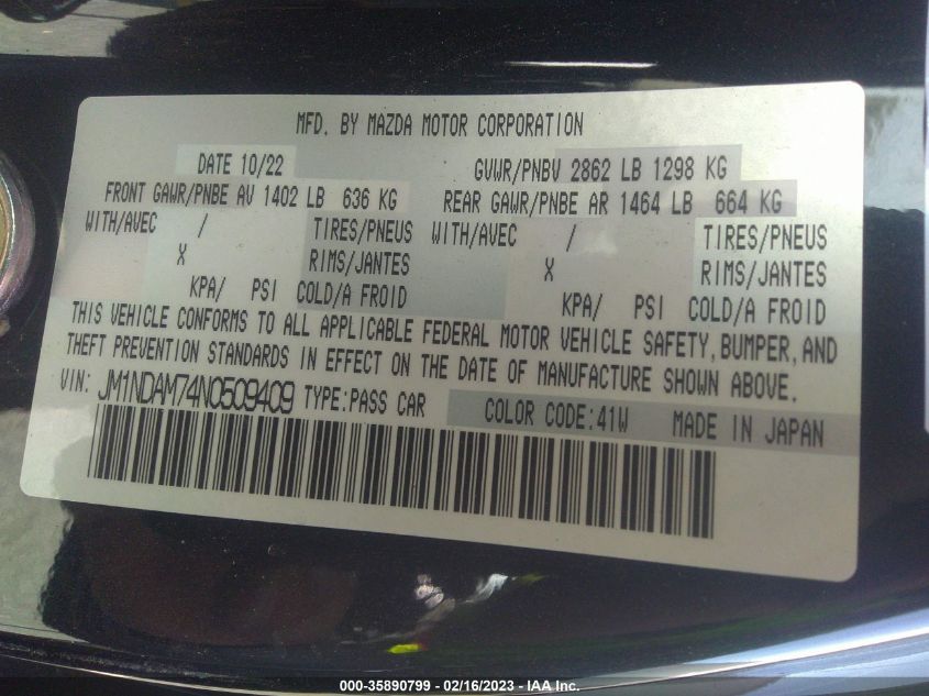 2022 MAZDA MX-5 MIATA RF GRAND TOURING JM1NDAM74N0509409