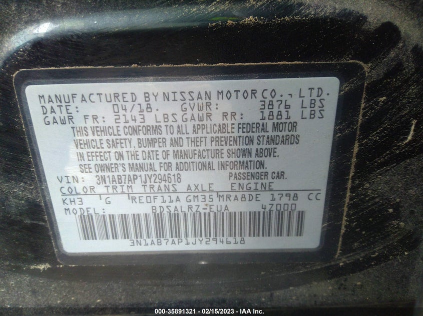 VIN 3N1AB7AP1JY294618 2018 NISSAN SENTRA SR