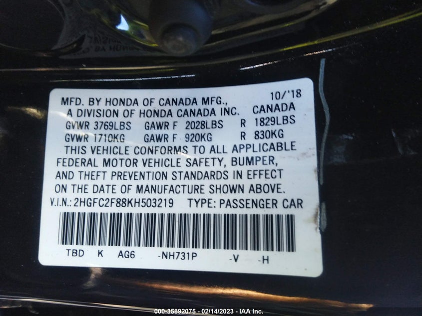 VIN 2HGFC2F88KH503219 2019 HONDA CIVIC SEDAN SPORT