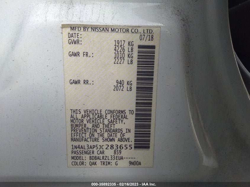 VIN 1N4AL3AP5JC283655 2018 NISSAN ALTIMA 2.5 SL