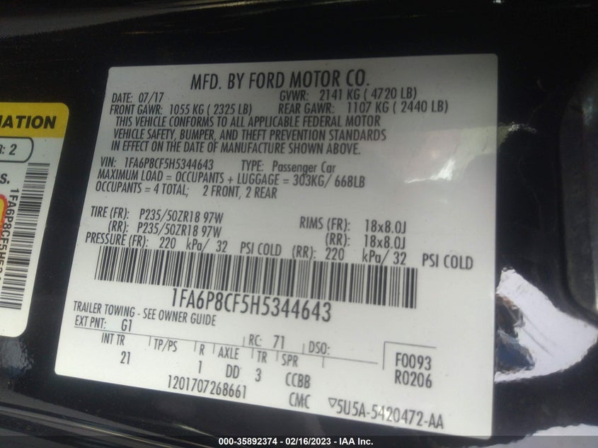 VIN 1FA6P8CF5H5344643 2017 FORD MUSTANG GT