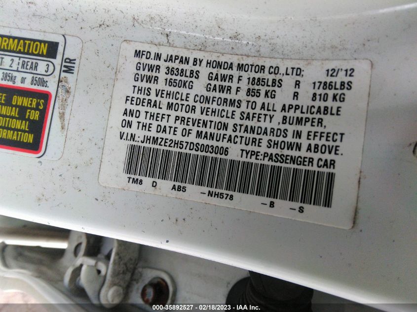 2013 HONDA INSIGHT LX - JHMZE2H57DS003006