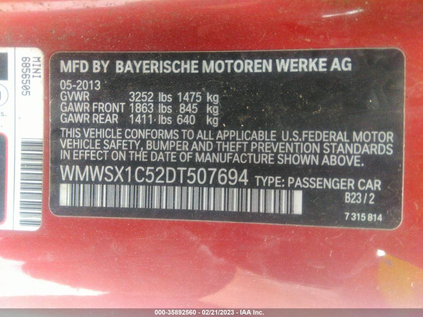 2013 MINI COOPER COUPE - WMWSX1C52DT507694